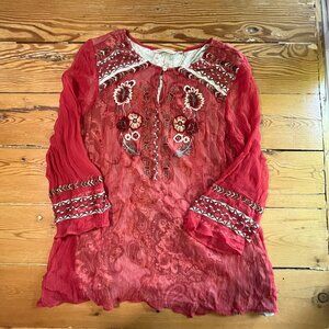 Embroidered Soft Surroundings Beaded Cupro Crepe Tunic Red Size Large L